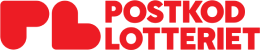 Röd logotyp med texten "Postkodlotteriet" bredvid en stiliserad hjärtform och bokstäverna "P" och "L".