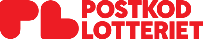 Röd logotyp med texten "POSTKODLOTTERIET" i versaler bredvid en stiliserad symbol av bokstäverna "P" och "L", formade som ett hjärta.