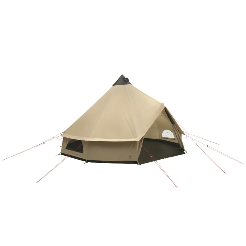 Ett beige tält i tipi-stil med en brun topp och röda tältlinor. Tältet har öppningar och är uppsatt på en vit bakgrund.
