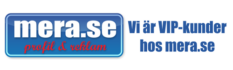 Logotyp för mera.se med texten "mera.se profil & reklam" i blått och rött, följt av texten "Vi är VIP-kunder hos mera.se" i blått.