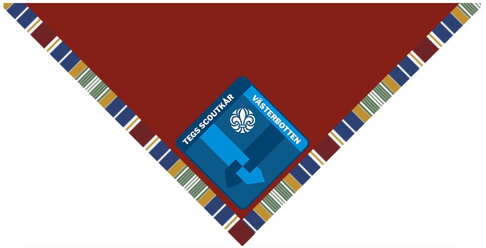 Röd scoutscarf med färgade ränder längs kanten och en blå tygmärke med texten "Tegs Scoutkår Västerbotten" och en vit scoutsymbol i mitten.