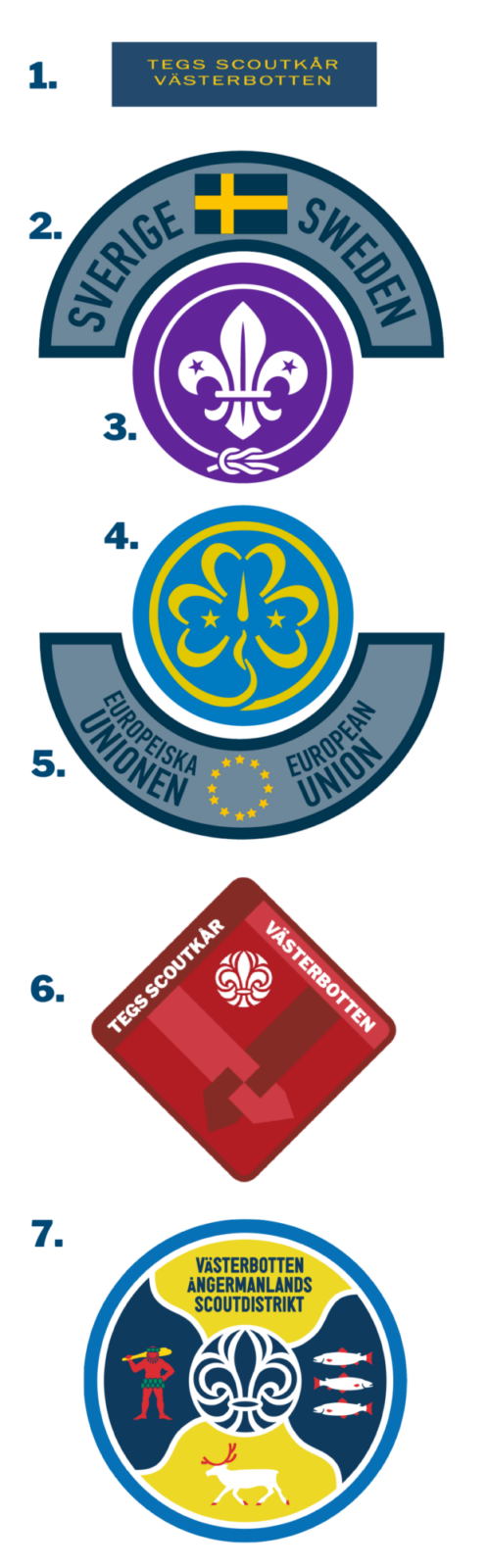 1. Mörkblå rektangel med texten "Tegs Scoutkår Västerbotten" i gult.