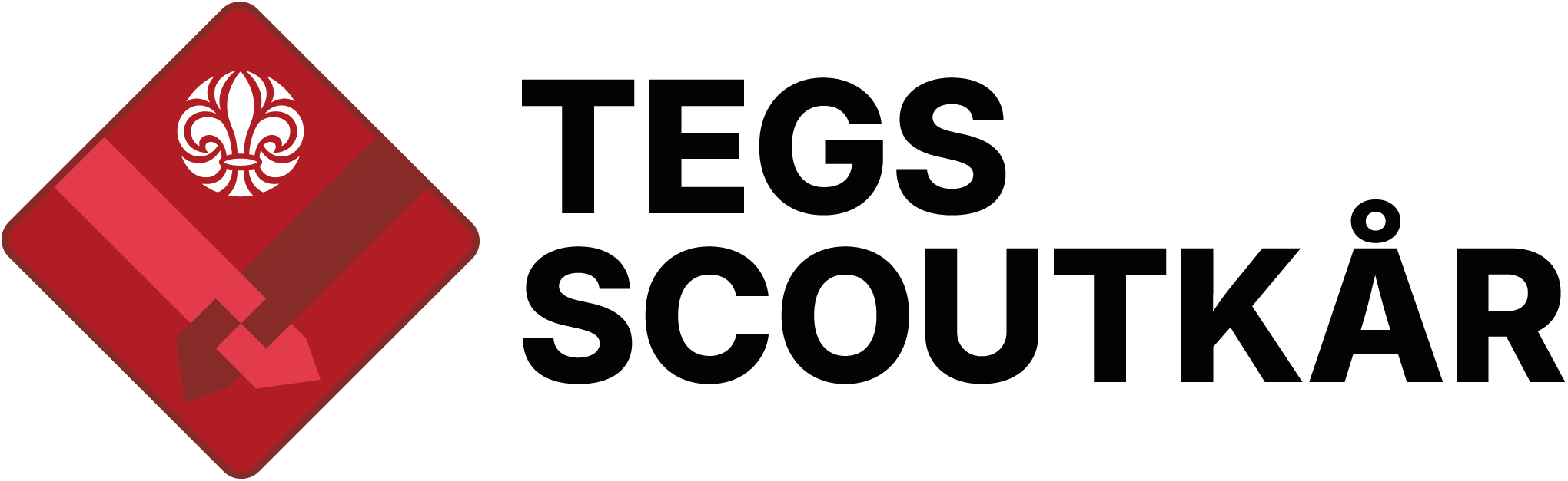 Röd fyrkant med en vit scoutsymbol överst och ett rött och brunt mönster nedanför. Till höger står texten "Tegs Scoutkår" i svart.