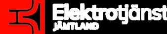 Röd logotyp med en stiliserad elektrisk symbol till vänster och texten "Elektrotjänst Jämtland" i vitt mot svart bakgrund.