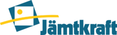 Logotyp för Jämtkraft med texten "Jämtkraft" i blå färg bredvid en blå kvadrat med en gul cirkel och ett gult böjt streck.
