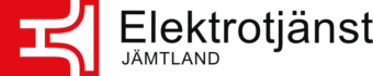 Röd och vit logotyp med ett stiliserat E-symbol till vänster och svart text "Elektrotjänst Jämtland" till höger.