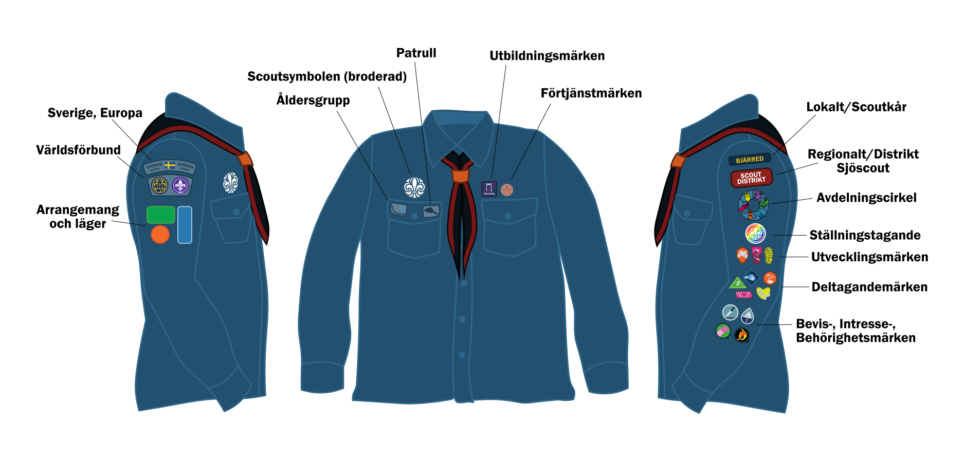Illustration av en scoutskjorta med olika märken och deras placering, inklusive "Sverige, Europa", "Världsförbund", "Arrangemang och läger", "Scoutsymbolen (broderad)", "Åldersgrupp", "Patrull", "Utbildningsmärken", "Förtjänstmärken", "Lokalt/Scoutkår", "Regionalt/Distrikt", "Sjöscout", "Avdelningscirkel", "Ställningstagande", "Utvecklingsmärken", "Deltagandemärken", samt "Bevis-, Intresse-, Behörighetsmärken".