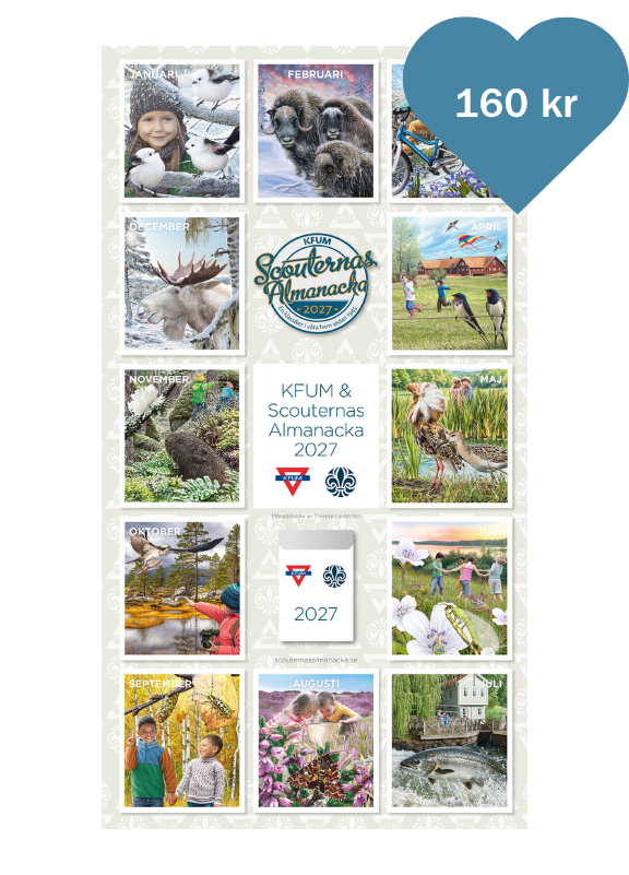 KFUM & Scouternas Almanacka 2027 med månadsbilder för varje månad, inklusive naturmotiv och aktiviteter, med priset "160 kr" i ett blått hjärta längst upp till höger.