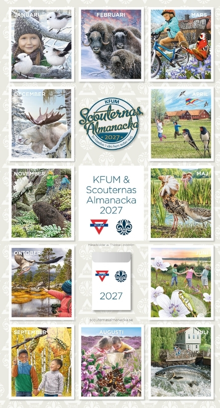 KFUM & Scouternas Almanacka 2027 med färgglada illustrationer för varje månad, inklusive naturmotiv som fåglar, djur, landskap och människor i olika aktiviteter. Texter: "KFUM & Scouternas Almanacka 2027", "scouternasalmanacka.se".
