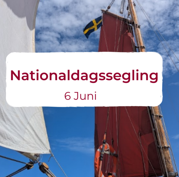 Segelbåt med svenska flaggan mot blå himmel. Texten 