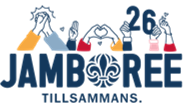 Texten "Jamboree 26 Tillsammans" med illustrationer av händer som gör olika gester, inklusive applåder, hjärtform och scouttecken, samt en scoutsymbol integrerad i ordet "Jamboree".